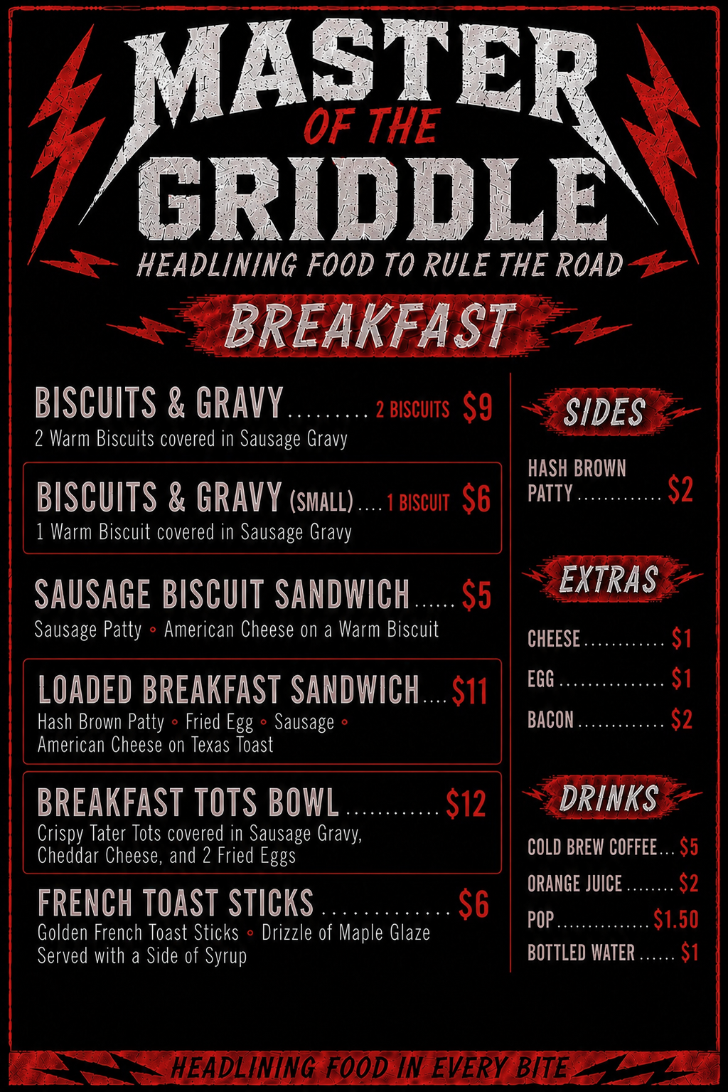 Master of the Griddle breakfast menu