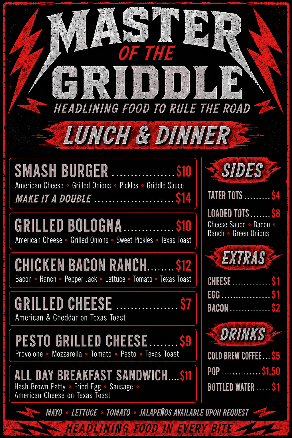 Master of the Griddle lunch and dinner menu